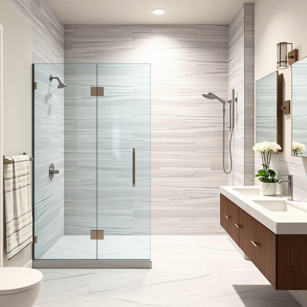 Renovated bathroom with large format tile shower