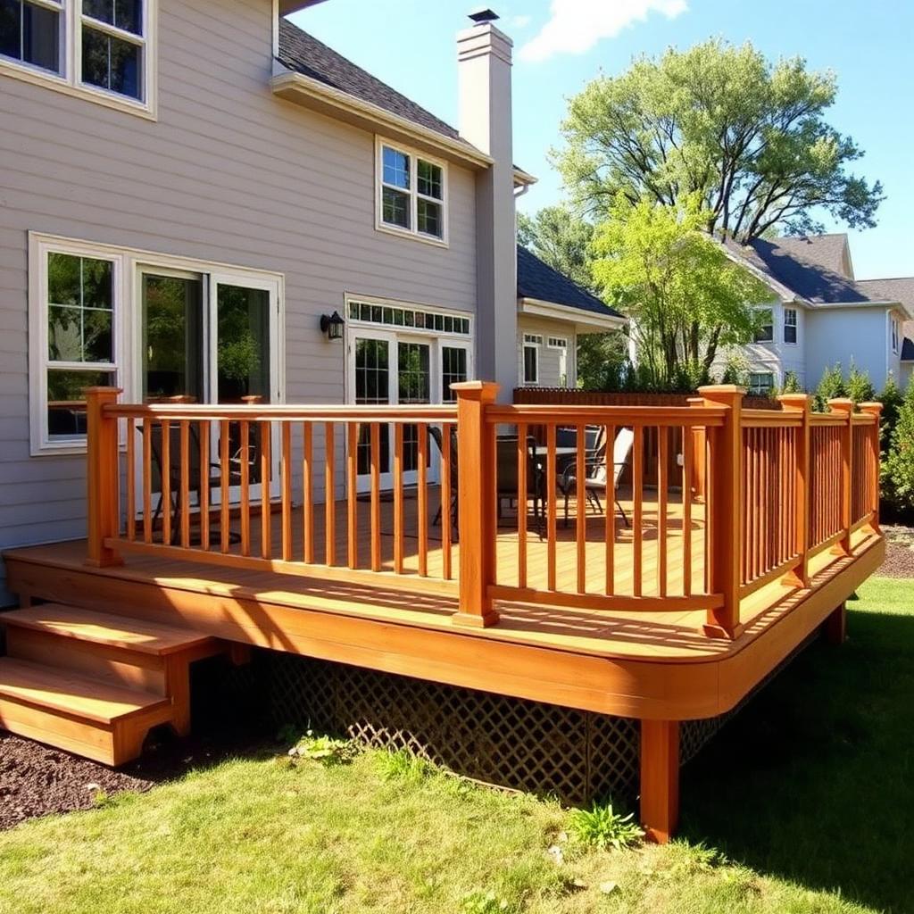 Newly built cedar backyard deck with railing