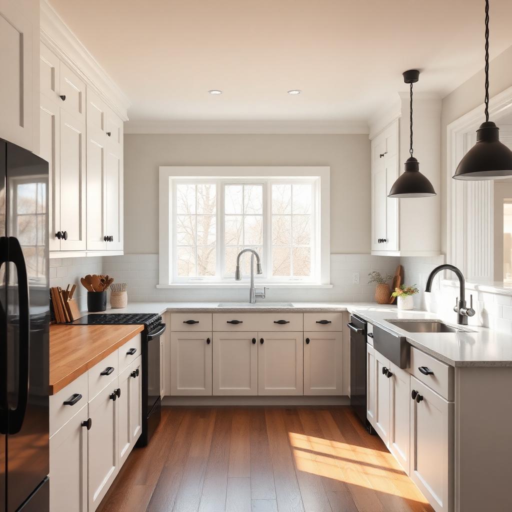 Remodeled kitchen with white shaker cabinets and quartz counters