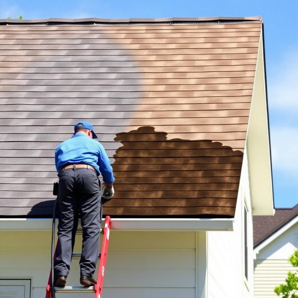 Roof soft washing removing algae streaks from shingles